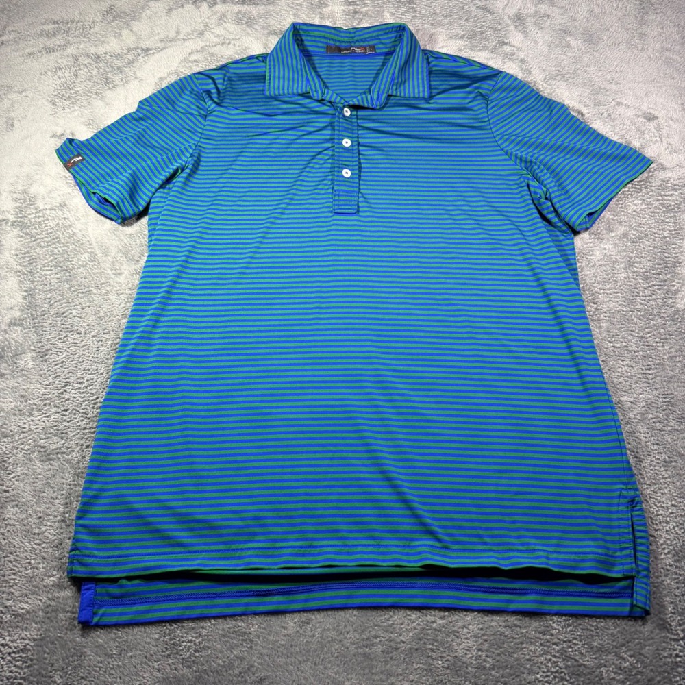 RLX Ralph Lauren Mens Blue Green Striped Performance Golf Polo Shirt Size L